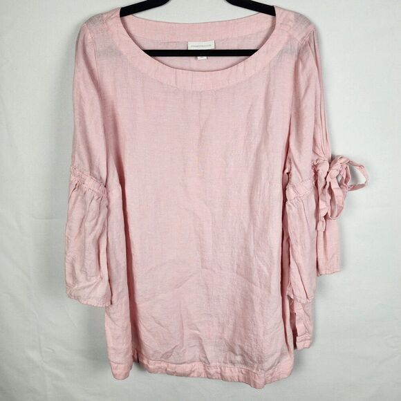 CHARTER CLUB 100% Linen Blouse Top Women's Size 1X Tie Bell Sleeves Pink - Picture 1 of 7